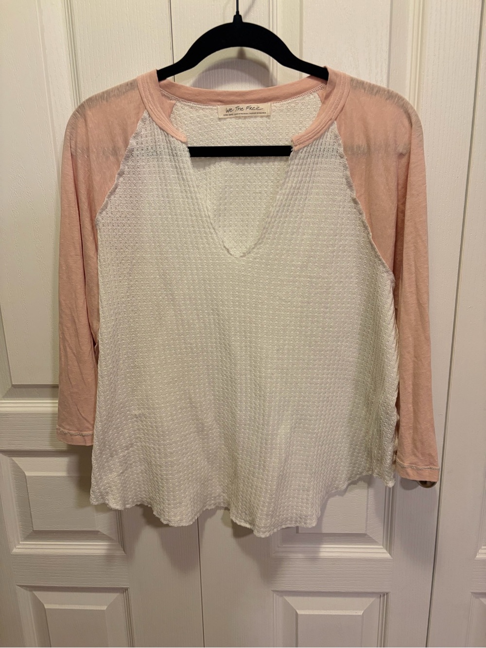 We The Free White Waffle Knit Top with Blush Raglan Sleeves